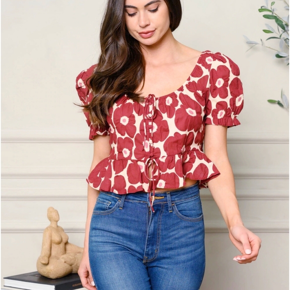 Jacquie The Label Boho Chic Burgundy Floral Puff Sleeves Top - Picture 4 of 5